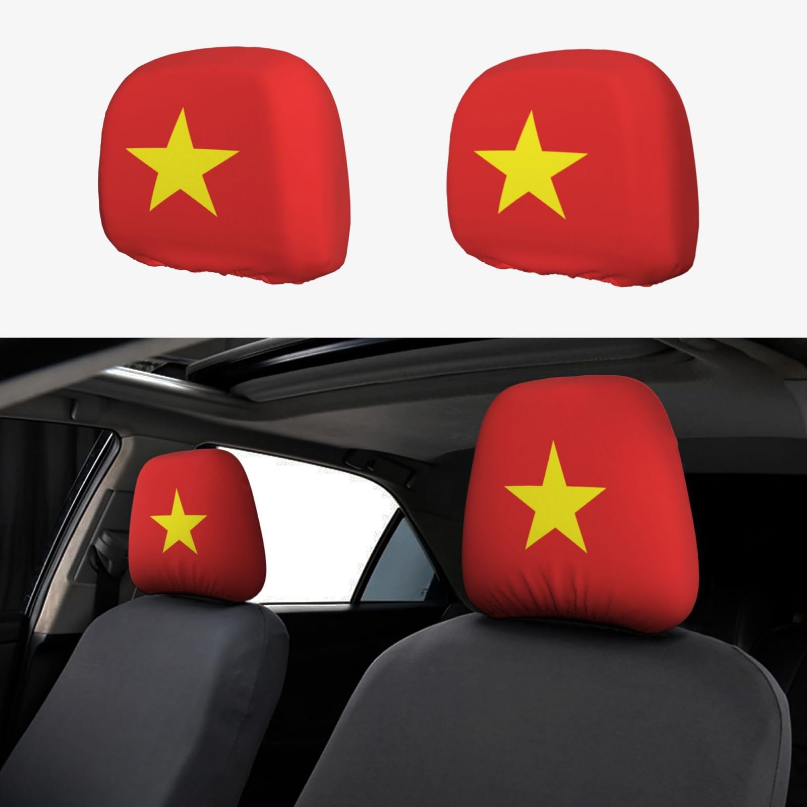 Kirrowe Auto-Kopfstützenbezug, volle Breite, bedruckt, perfekt als Autositzbezug-Zubehör, unverzichtbare und lustige Autoteile, vietnamesische Flagge, 2 Stück von Kirrowe