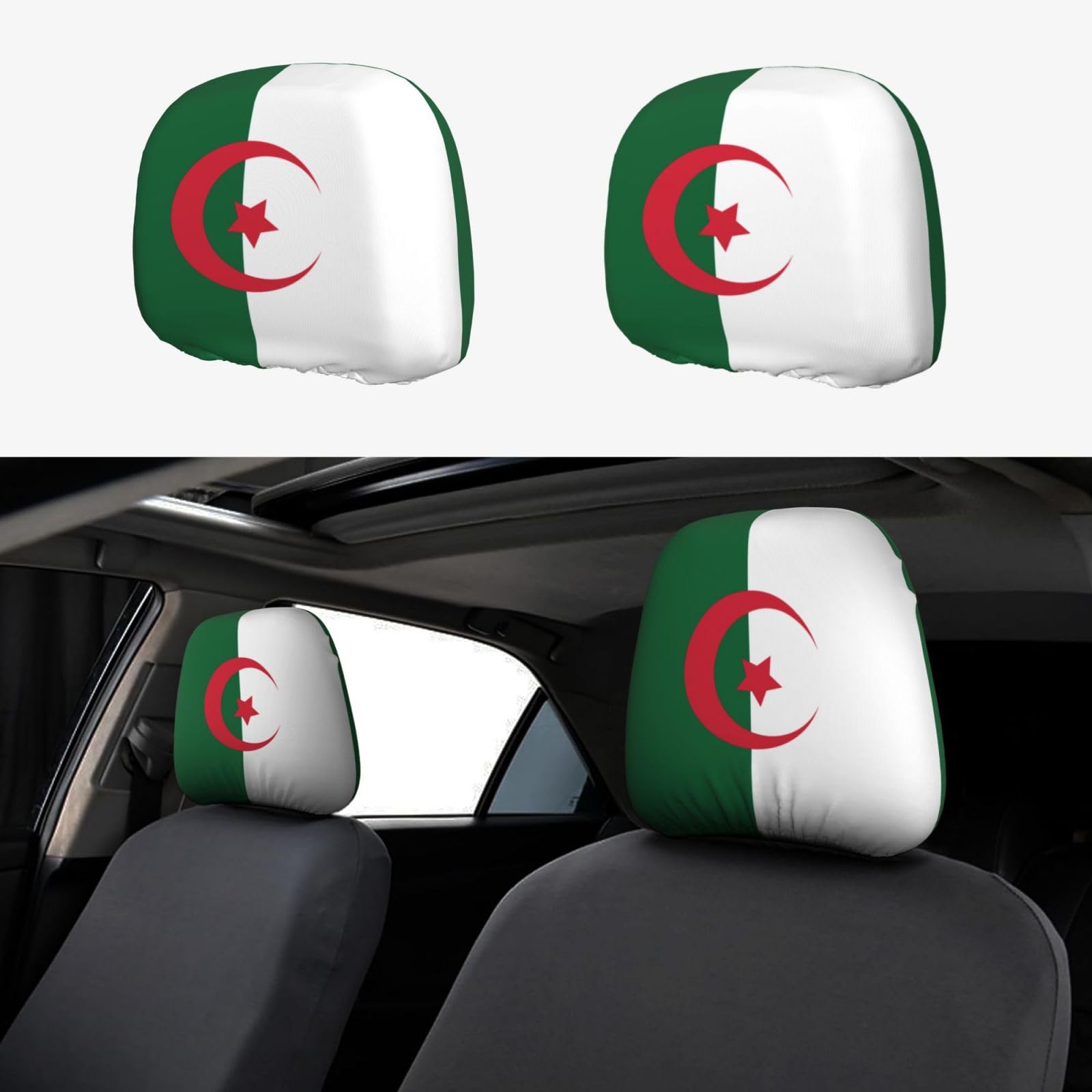 Kirrowe Autositzbezüge, 2 Stück, volle Breite, bedruckt, perfekt als Autositzbezug-Zubehör, unverzichtbare und lustige Autoteile, Flagge von Algerien von Kirrowe