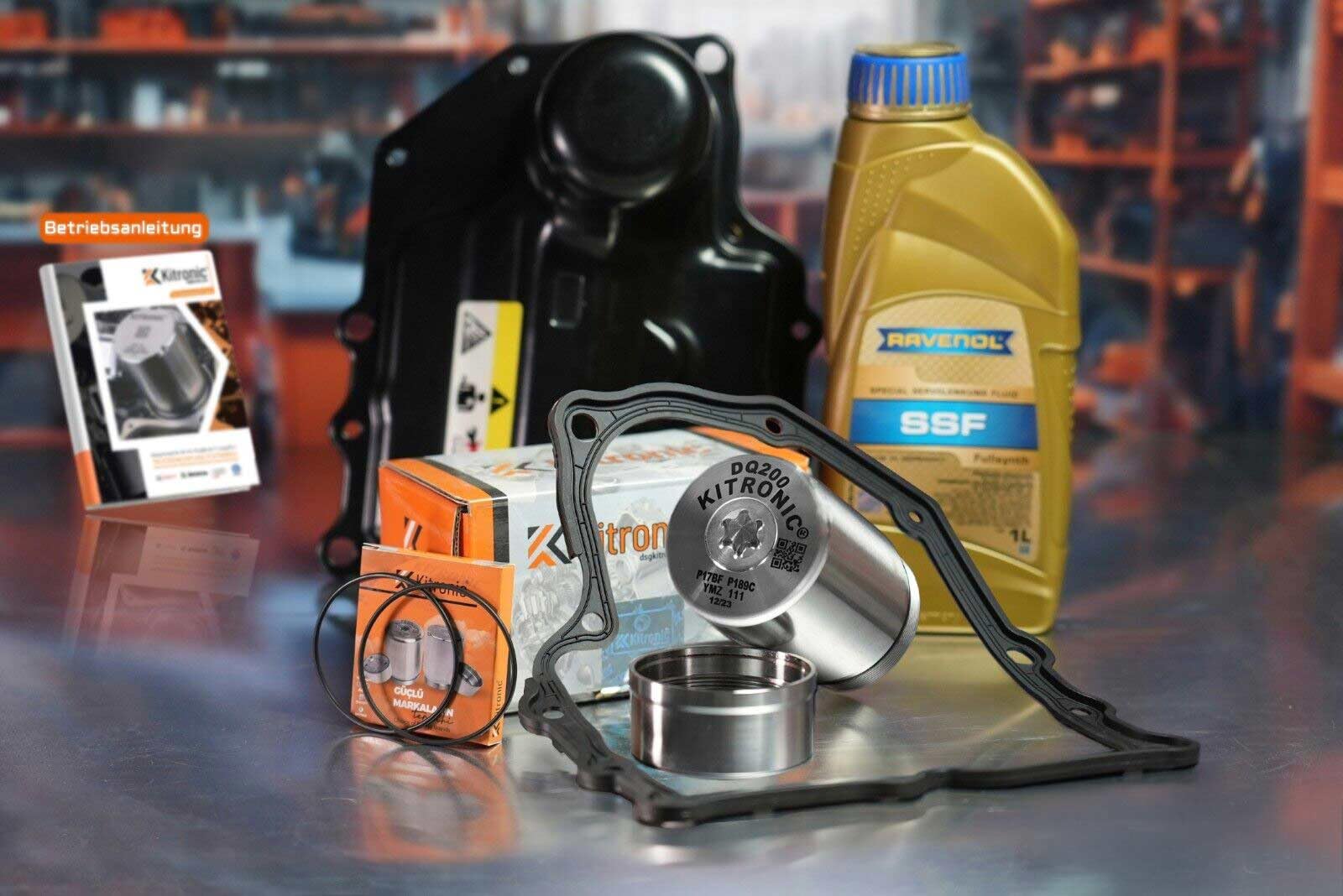 KITRONIC Druckspeicher Reparatursatz DQ200 für DSG, 7-Gang-Mechatronik Trockenkupplungsgetriebe 0AM kompatibel mit VW | Mit Dichtung, Ölwanne & 1L Ravenol Mechatronik Öl | YMZ111 von Kitronic