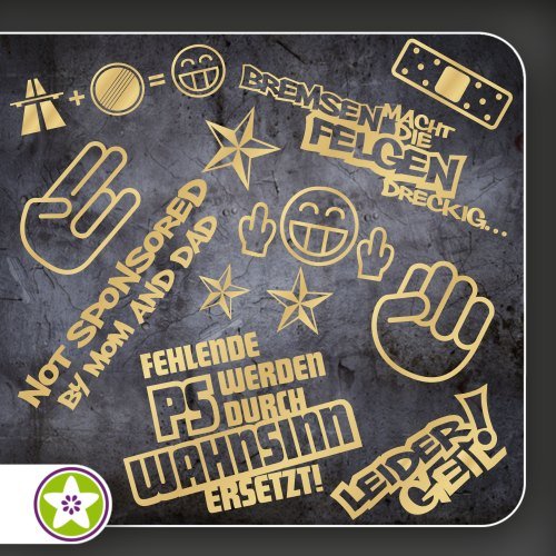 Kiwistar Sticker Bomb Set 1 Gold - Bogen: A4 Bremsen…Felgen…, Shockerhand, Autobahnfreak, Fehlende PS…, Leider Geil. Auswahl Sammlung Aufkleber Scheibe Tuning Decal von Kiwistar