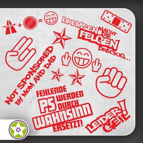 Kiwistar Sticker Bomb Set 1 rot - Bogen: A4 Bremsen…Felgen…, Shockerhand, Autobahnfreak, Fehlende PS…, Leider Geil. Auswahl Sammlung Aufkleber Scheibe Tuning Decal von Kiwistar