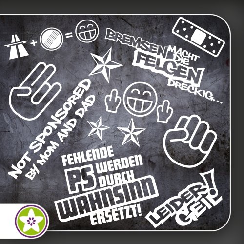 Kiwistar Sticker Bomb Set 1 weiß - Bogen: A4 Bremsen…Felgen…, Shockerhand, Autobahnfreak, Fehlende PS…, Leider Geil. Auswahl Sammlung Aufkleber Scheibe Tuning Decal von Kiwistar