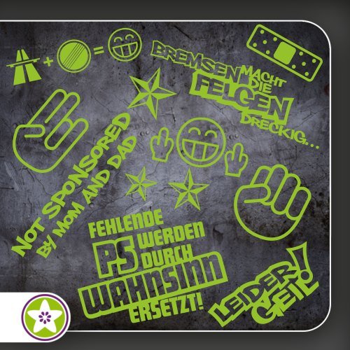 Kiwistar Sticker Set 01 - Bogengröße: A3 Bremsen…Felgen…, Shockerhand, Autobahnfreak, Fehlende PS…, Leider Geil... von Kiwistar