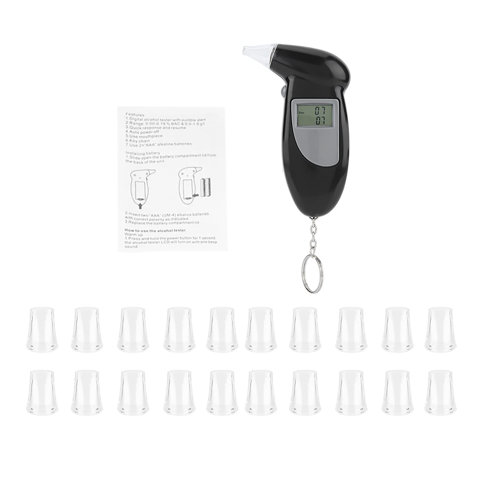 Klanata Tragbarer digitaler LCD-Alkoholtester mit Schlüsselanhänger-Atemanalysator, für den persönlichen oder professionellen Gebrauch (Viene Con 20 boquillas de respiración.) von Klanata