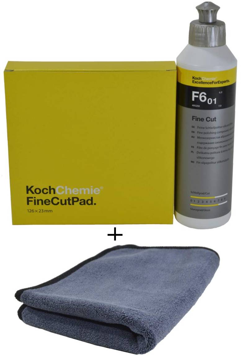 Koch Chemie - Politur Set - Pad (Diverse Durchmesser) + F6.01 250ml Politur + ADVANTUSE Mikrofasertuch (Fine Cut - Pad 125mm BZW. 126mm + Politur 250ml) von Koch Chemie / ADVANTUSE