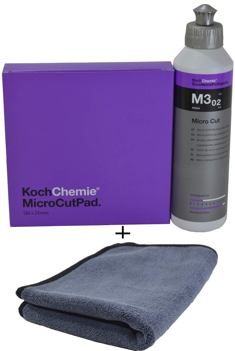 Koch Chemie - Politur Set - Pad (Diverse Durchmesser) + M3.02 250ml Politur + ADVANTUSE Mikrofasertuch (Micro Cut - Pad 125mm BZW. 126mm + Politur 250ml) von swor