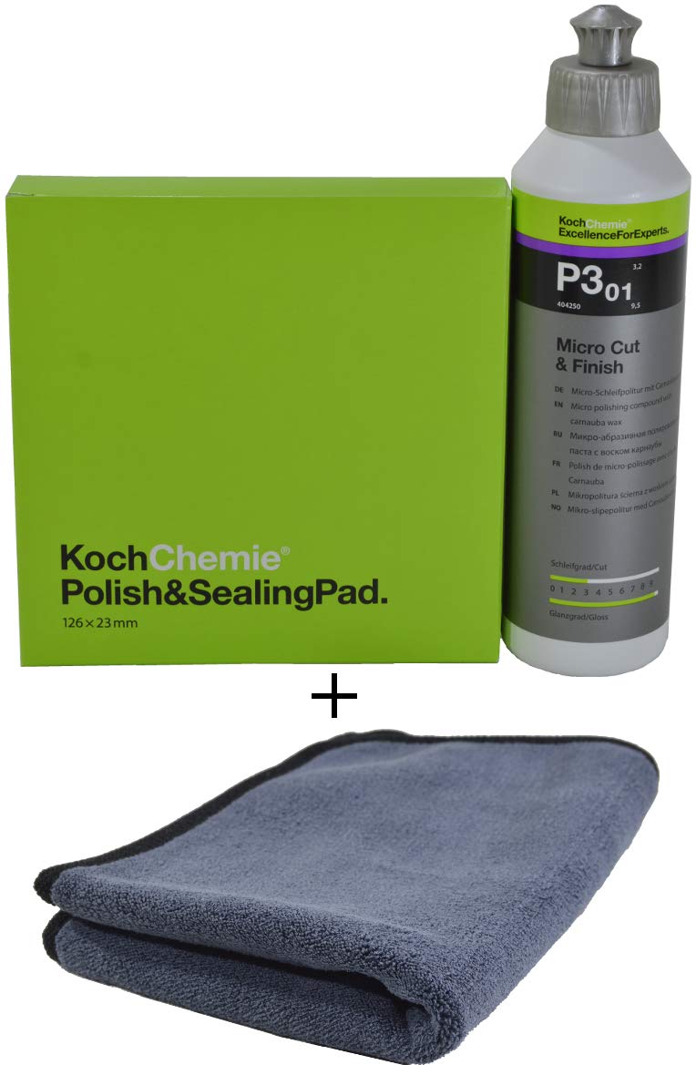 Koch Chemie - Politur Set - Pad (Diverse Durchmesser) + P3.01 250ml Politur + ADVANTUSE Mikrofasertuch (Micro Cut & Finish - Pad 125mm + Politur 250ml) von Koch Chemie / ADVANTUSE