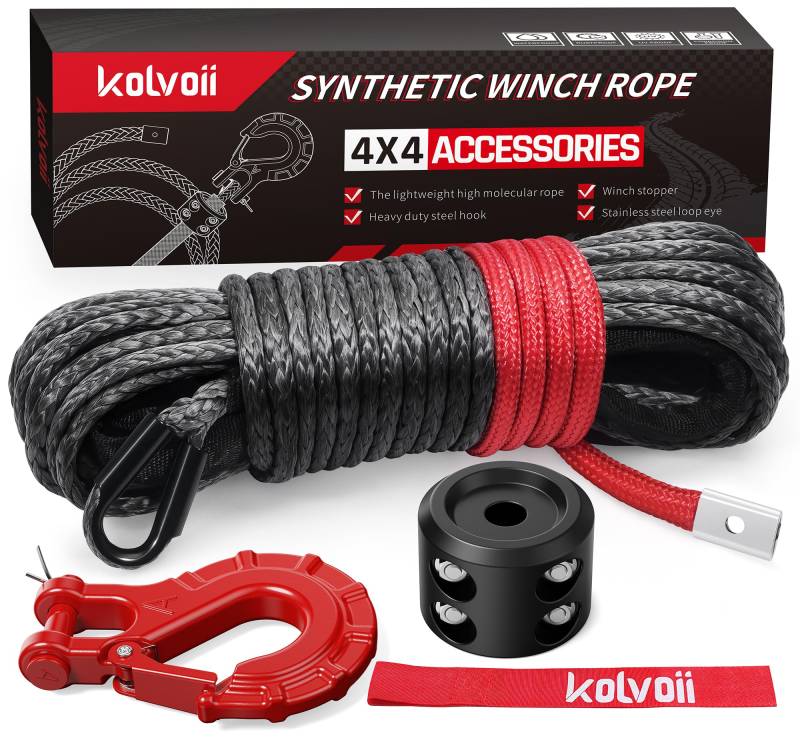 Kolvoii Synthetisches Seilwindenseil-Set, 0,6 cm x 15,2 m, 3855,5 kg Seilwinde mit Stahlhaken, Schutzhülle und Seilwinde Kabelstopper für ATV, UTV, Geländewagen usw. (graues Seil, roter Haken) von Kolvoii