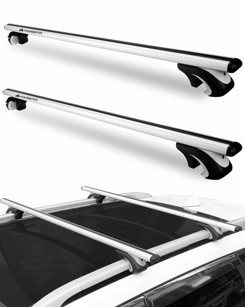 Komsepor Dachgepäckträger universal 55” 2-teilig Einstellbar Erhöhte Seitenschiene mit Spalt Aluminium für Fahrradträger, Dachboxen oder als Skihalter, für offene Dachrelinge, Tragkraft 90 kg von Komsepor