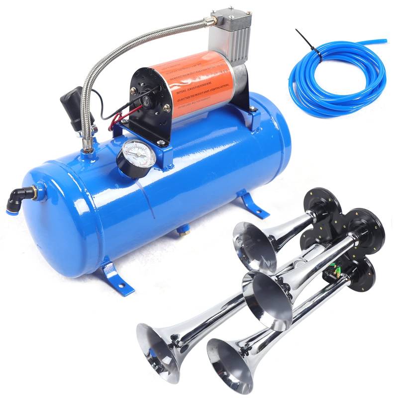 Konfiur 12V Luftkompressor mit 4 Trumpet, Airbrush Kompressor Luftkompressor Auto, 90-120 Psi Arbeitsdruck, 4 Trumpet Train Luft Horn Kit für Zug-Lufthupen, Aufpumpen von Reifen, Lkw. Blau von Konfiur