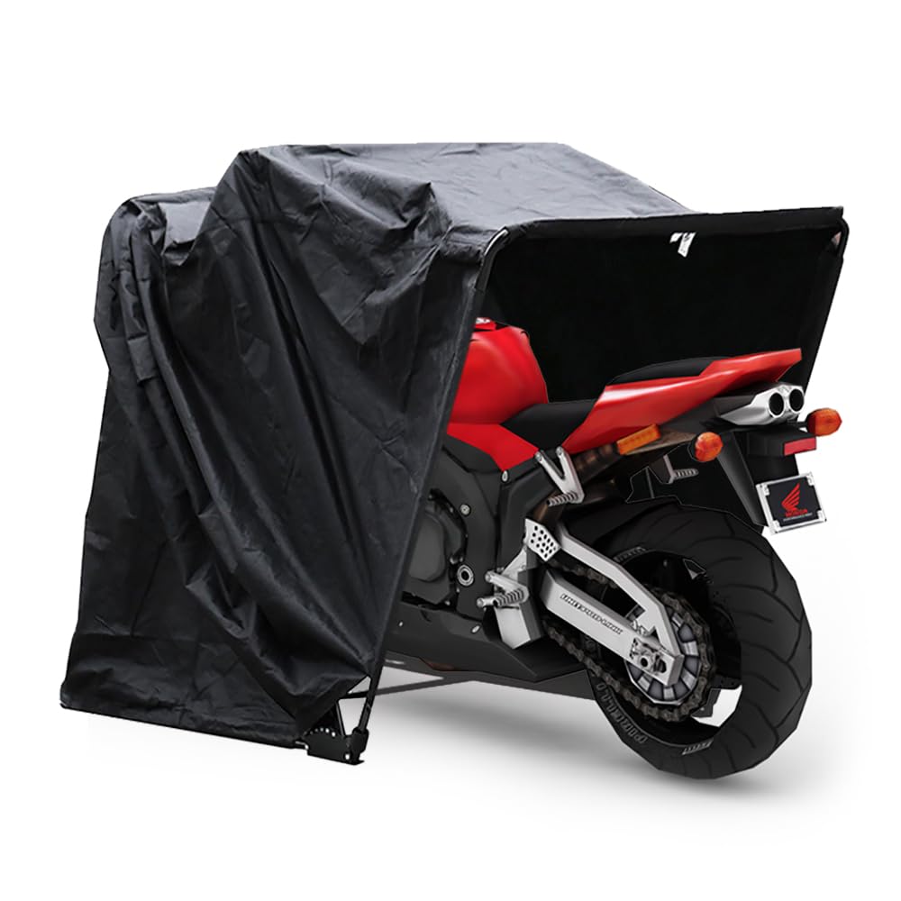 Konfiur Motorrad Abdeckplane, Outdoor Motorrad Quad Garage Oxford-Gewebe Motorradplane, Wasserdicht Motorradabdeckung, Schutzplane Faltzelt Faltgarage, 270x105x155cm Schwarz von Konfiur