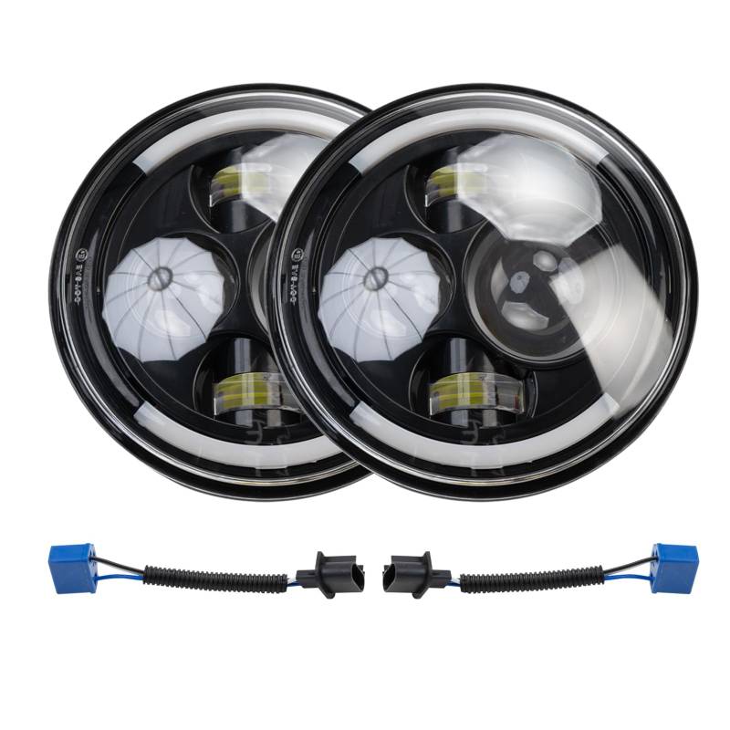 Konuooer 1 Paar Autoscheinwerfer 100 W 10000 lm 4 Linsen Angel Eyes 7 Zoll für Wrangler JK TJ LJ CJ,3000 K + 6000 K 4 Beleuchtungsmodi, rund, Schwarz, Offroad-Lichter Kreuz für Hummer H1 von Konuooer