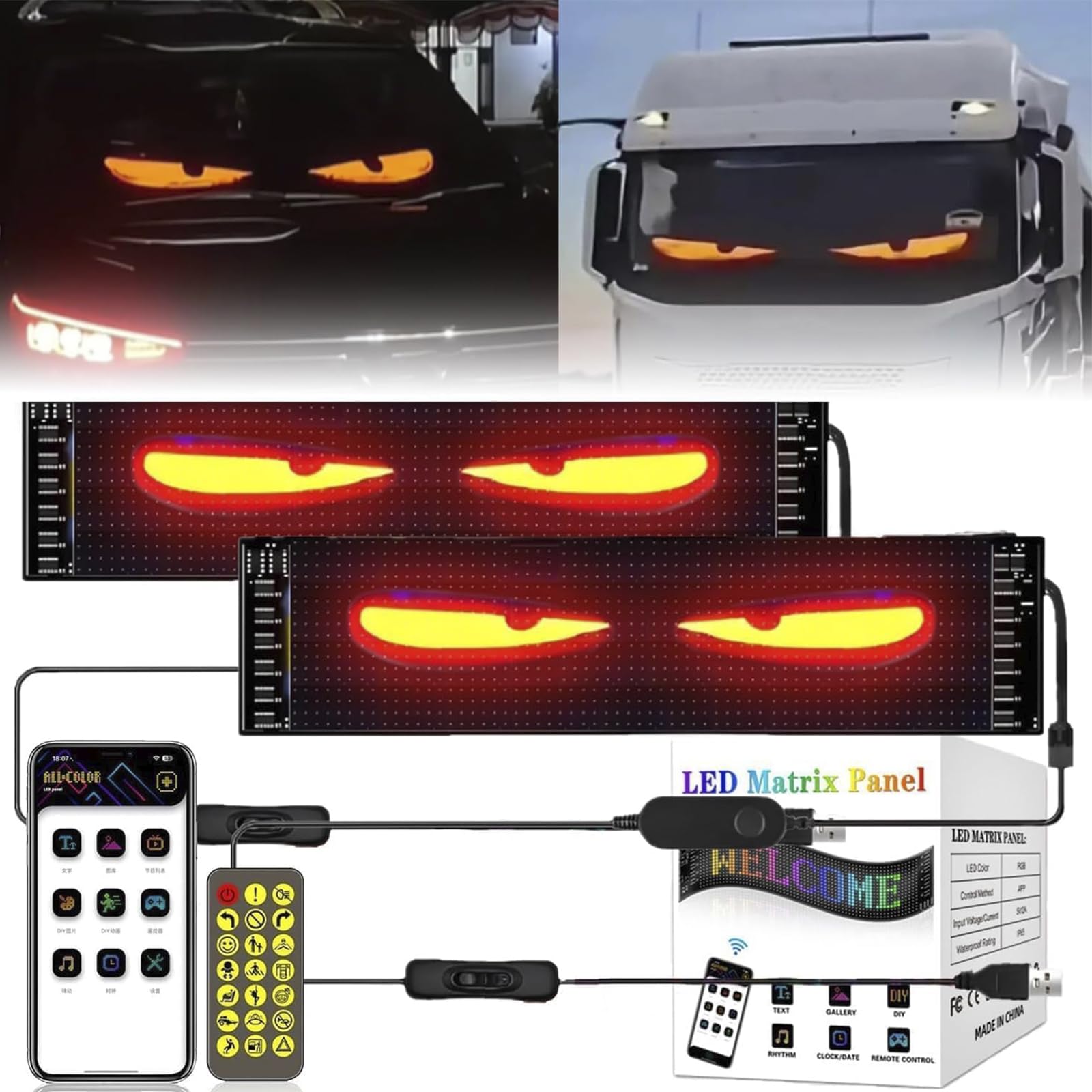 LED Augen für LKW, Flex LED Display Auto Augen, Devil Eyes, DIY Car Dynamic LED Smart Colorful Eye Lamp Soft Screen, USB Flexibles Bluetooth App-Steuerungsdisplay (2pcs 102 x 348mm) von Kosinso