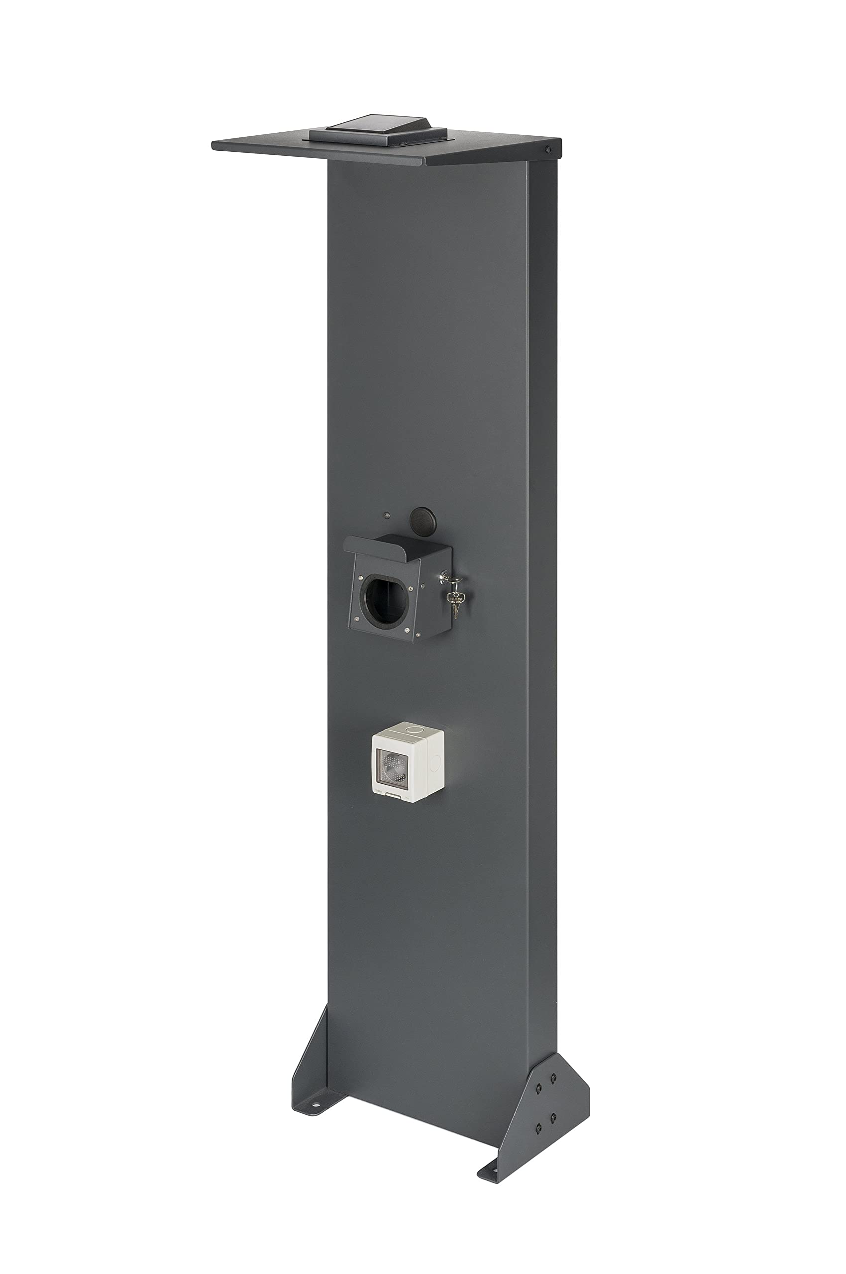 Kreainvent Universeller Premium-Design Wallbox-Standfuß aus Aluminum mit Dach und 16A, 3,7kW Steckdose (Dach mit Solarlampe, Anthrazit, Kabelhalter mit Schloss) von Kreainvent