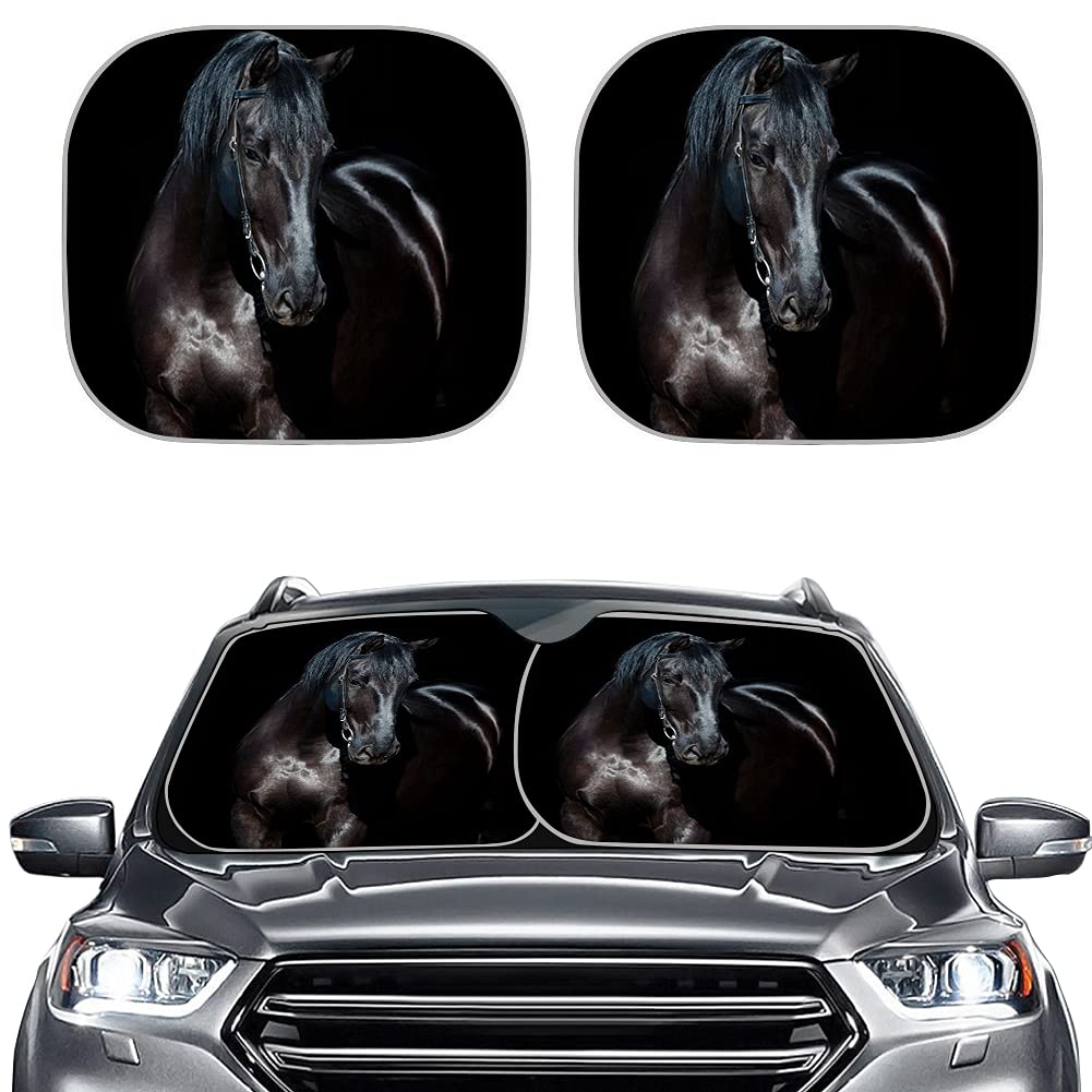 Kuiaobaty Black Horse Designs Windschutzscheiben-Sonnenschutz, 2 Stück, universelle Passform, Sonnenblende, Auto-Schutz, faltbarer Sonnenschutz, Pferd, Schwarz von Kuiaobaty