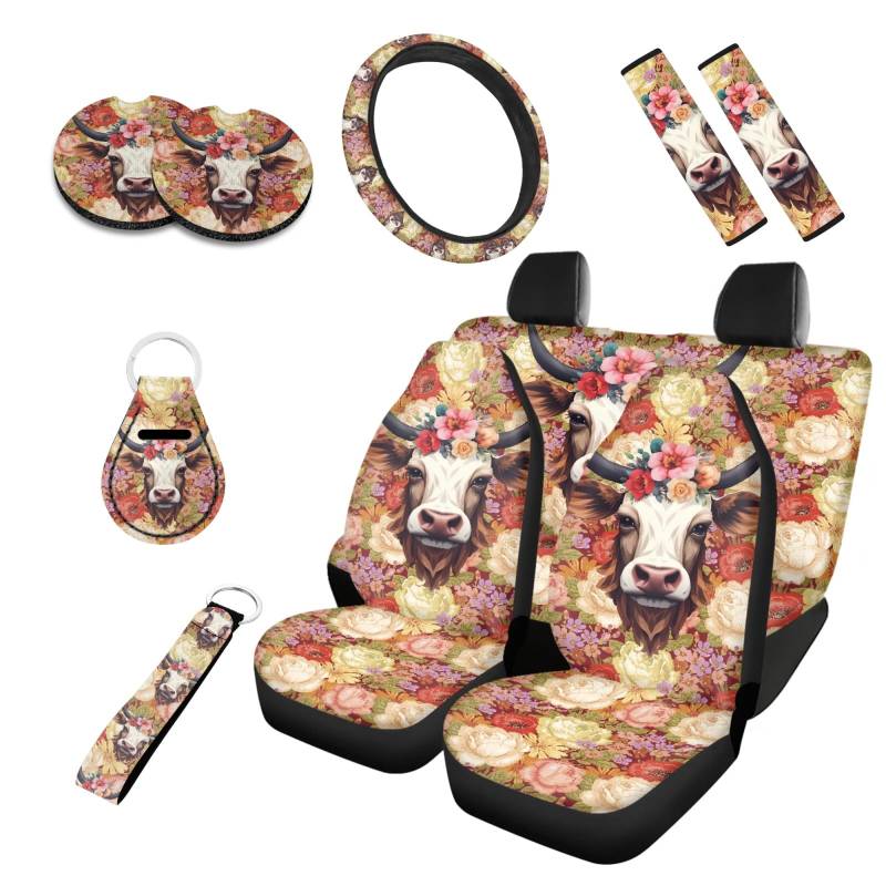 Kuiaobaty Boho Kuh Floral Auto Sitzbezüge Full Set von 10 Bight Flowers Auto Innenraum für Frauen Lenkradbezug Cup Pads von Kuiaobaty