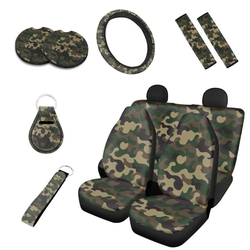 Kuiaobaty Camo 10 Stück Auto-Zubehör Universal Autositzbezüge Komplettes Set mit Sicherheitsgurt-Bezügen, 2 Stück Tassen-Untersetzer, Grün Camouflage von Kuiaobaty