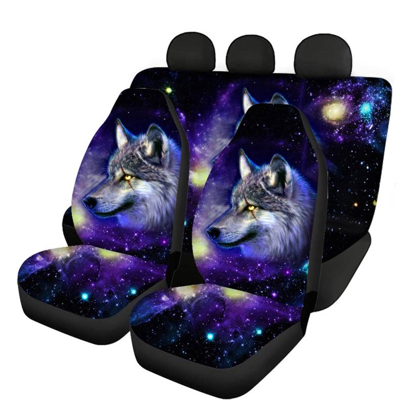 Kuiaobaty Galaxy Wolf Full Set Front & Rear Car Seat Cover, Tribal Grey Wolves Animal Stars Space Auto Accessory Armrest & Seat Release/Lever Compatible Purple Black von Kuiaobaty