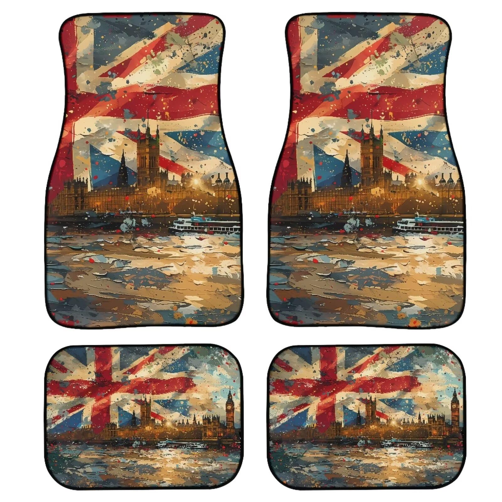 Kuiaobaty Union Jack Ölgemälde-Teppich Auto-Fußmatten Set mit 4 Stück, London Big Ben, vorne und hinten, 5-Sitzer, Gummi-Bodenmatte mit rutschfester Unterseite von Kuiaobaty