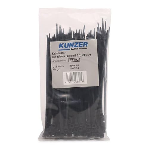 KUNZER 71022 Kabelbinder – 100 Stück – 150 mm x 3,6 mm - Temperaturbeständiger Kabelbinder in Schwarz von Kunzer