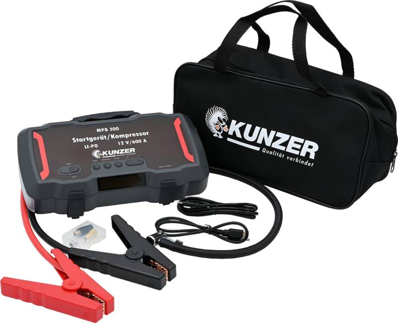 KUNZER MPB300 Startgerät Kompressor - LiPo 12 Volt 600 A - Auto oder Motorrad starten - Schwarz - mit LED und Powerbank von Kunzer