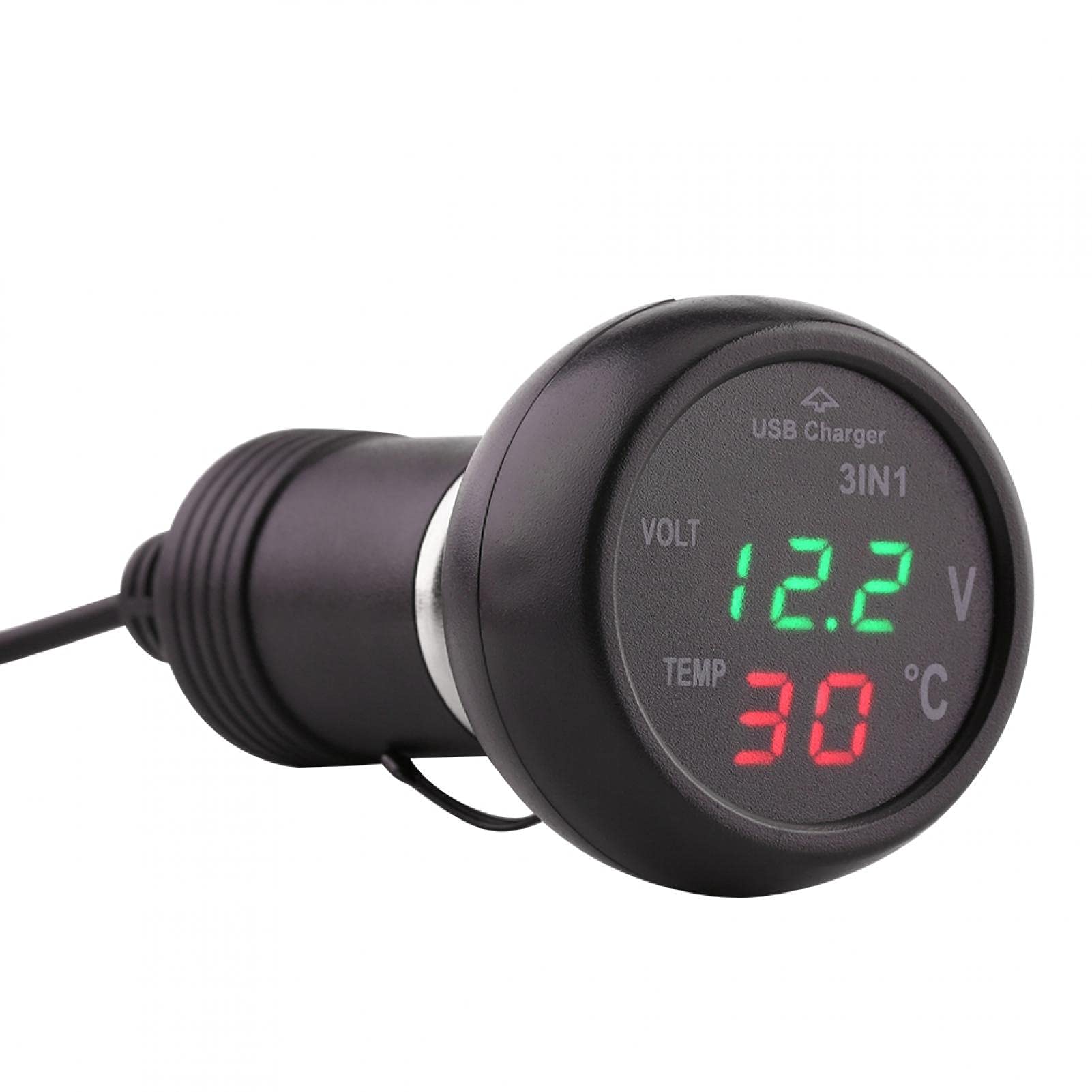 Kuuleyn Zigarettenanzünder Voltmeter, PKW 3in1 Dual Digitalanzeige Voltmeter Thermometer Zigarettenanzünder USB Autoladegerät(Grün + Rot) von Kuuleyn