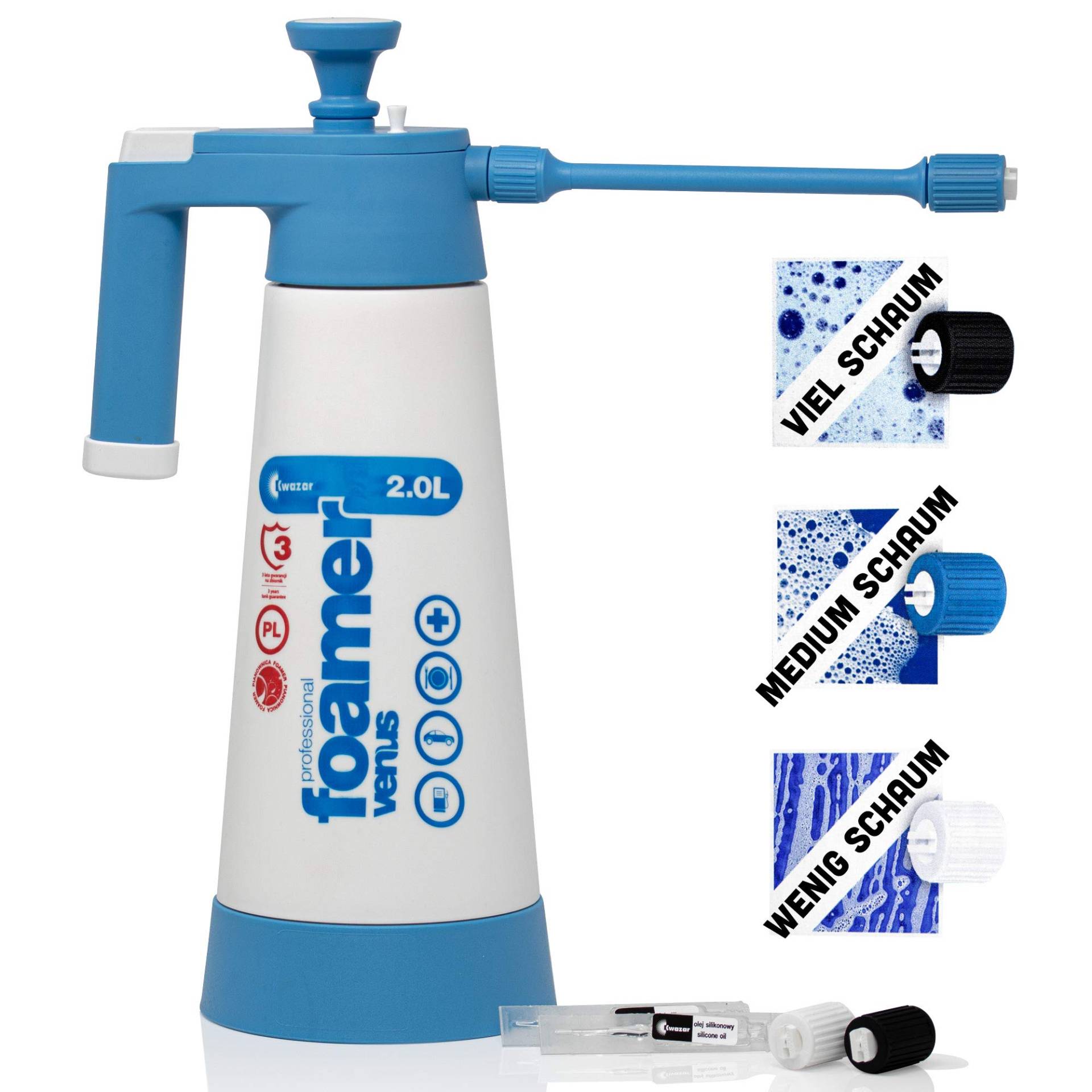 Kwazar Venus Super Foamer Cleaning Pro+ Viton 2L Box Limited Edition inkl. Mini Lanze 18 cm und 3 Düsen, Drucksprüher Schaumsprüher mit 3 Schaumdüsen zum Anbringen von Reinigungsschaum, 2 Liter von Kwazar