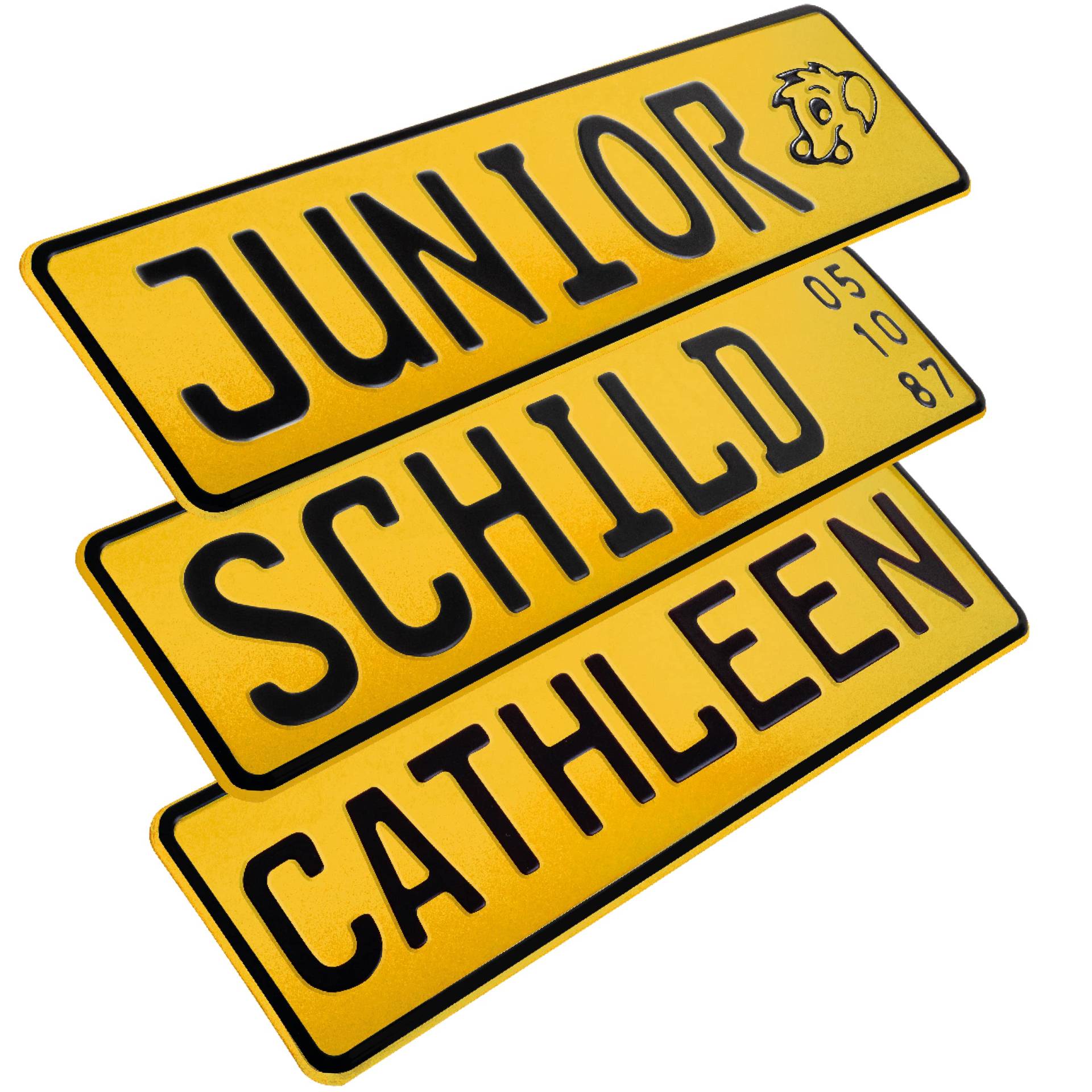 1 Stück Kennzeichen Junior-Schild 34cm x 9cm Bohrung Farbwahl Wunschtext Wunschprägung Muster Datum Namenskennzeichen Bohrung / Saugnäpfen Namensschild Bobbycar Kettcar FUN Schild in Gelb von L & P Car Design