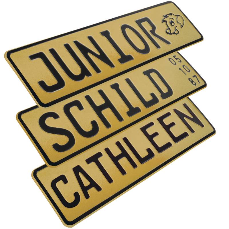 1 Stück Kennzeichen Junior-Schild 34cm x 9cm Bohrung Farbwahl Wunschtext Wunschprägung Muster Datum Namenskennzeichen Bohrung / Saugnäpfen Namensschild Bobbycar Kettcar FUN Schild in Gold F14 von L & P Car Design