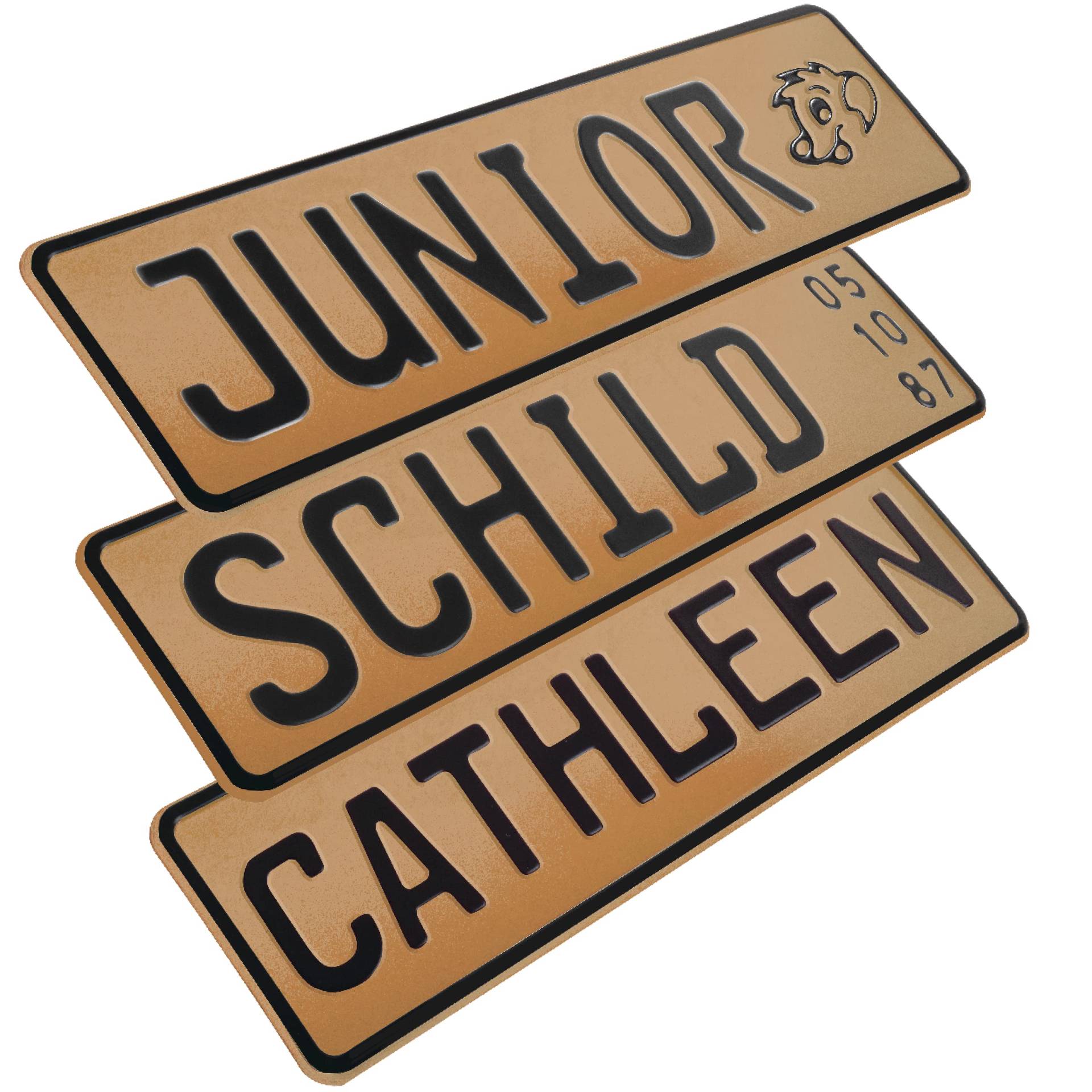 1 Stück Kennzeichen Junior-Schild 34cm x 9cm Bohrung Farbwahl Wunschtext Wunschprägung Muster Datum Namenskennzeichen Bohrung / Saugnäpfen Namensschild Bobbycar Kettcar FUN Schild in Gold F19 von L & P Car Design