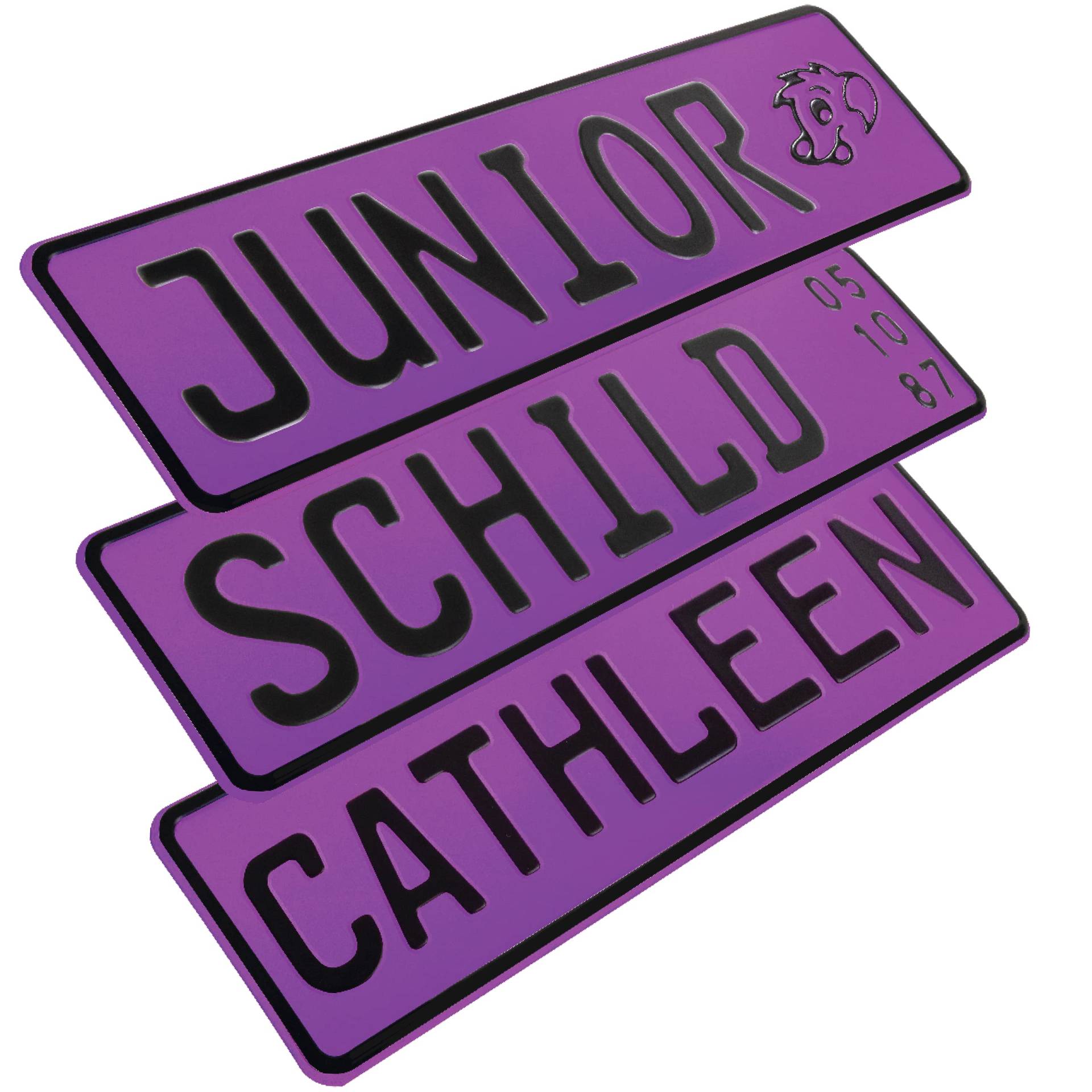 1 Stück Kennzeichen Junior-Schild 34cm x 9cm Bohrung Farbwahl Wunschtext Wunschprägung Muster Datum Namenskennzeichen Bohrung / Saugnäpfen Namensschild Bobbycar Kettcar FUN Schild in Lila von L & P Car Design