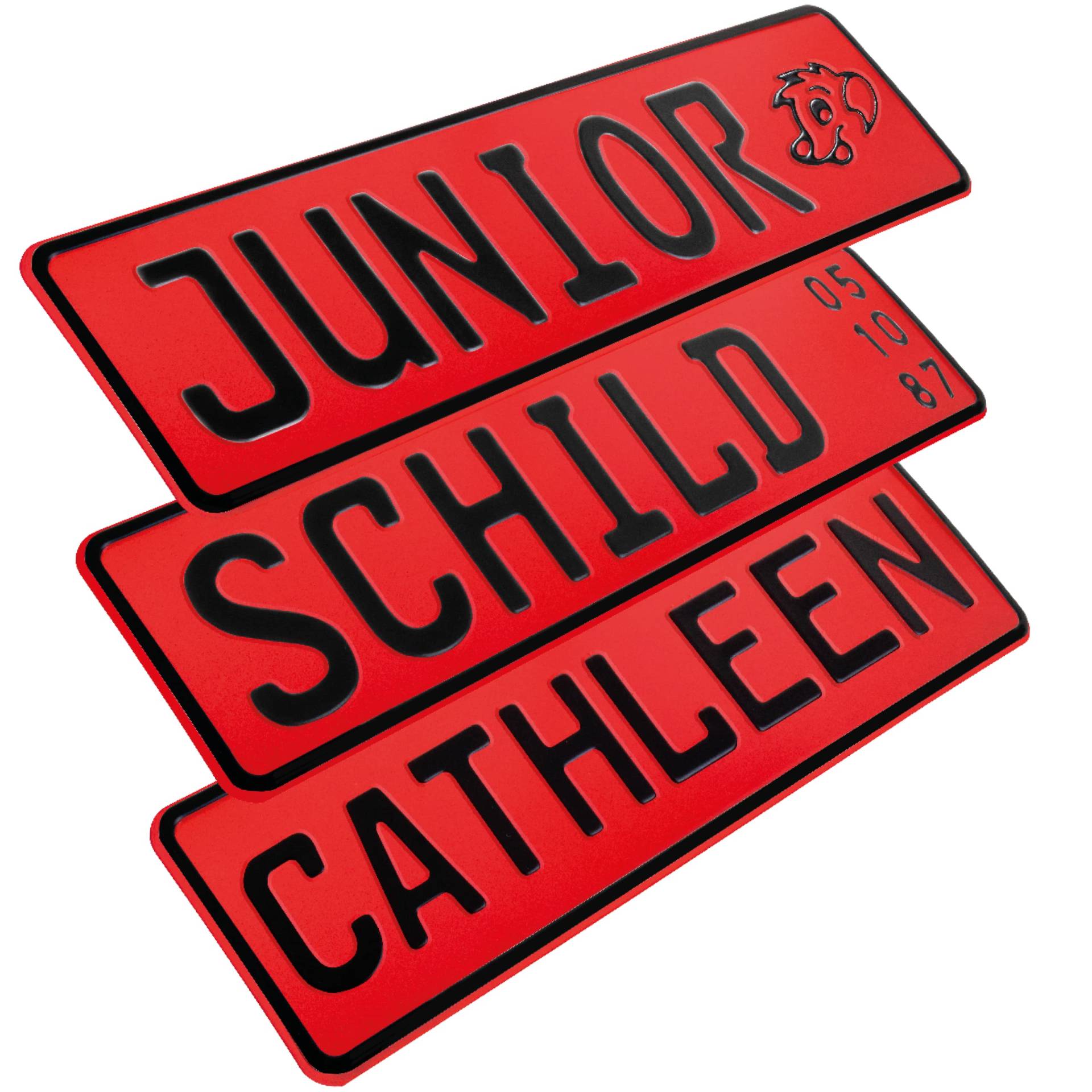 1 Stück Kennzeichen Junior-Schild 34cm x 9cm Bohrung Farbwahl Wunschtext Wunschprägung Muster Datum Namenskennzeichen Bohrung / Saugnäpfen Namensschild Bobbycar Kettcar FUN Schild in Rot von L & P Car Design