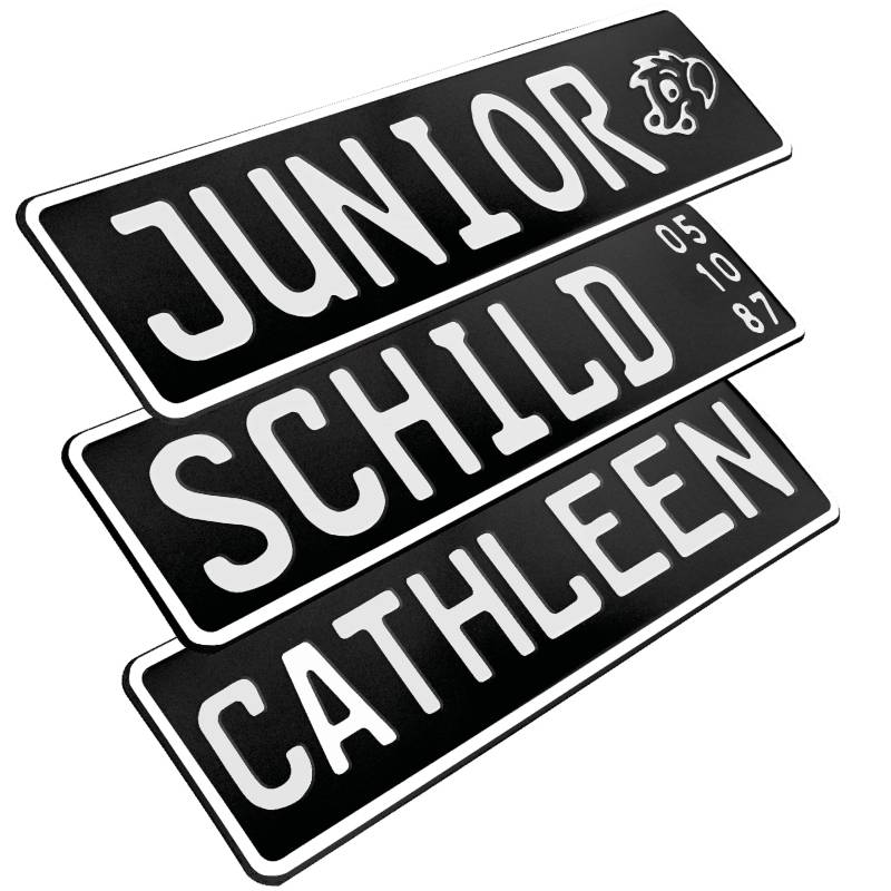 1 Stück Kennzeichen Junior-Schild 34cm x 9cm Bohrung Farbwahl Wunschtext Wunschprägung Muster Datum Namenskennzeichen Bohrung / Saugnäpfen Namensschild Bobbycar Kettcar FUN Schild in Schwarz matt von L & P Car Design