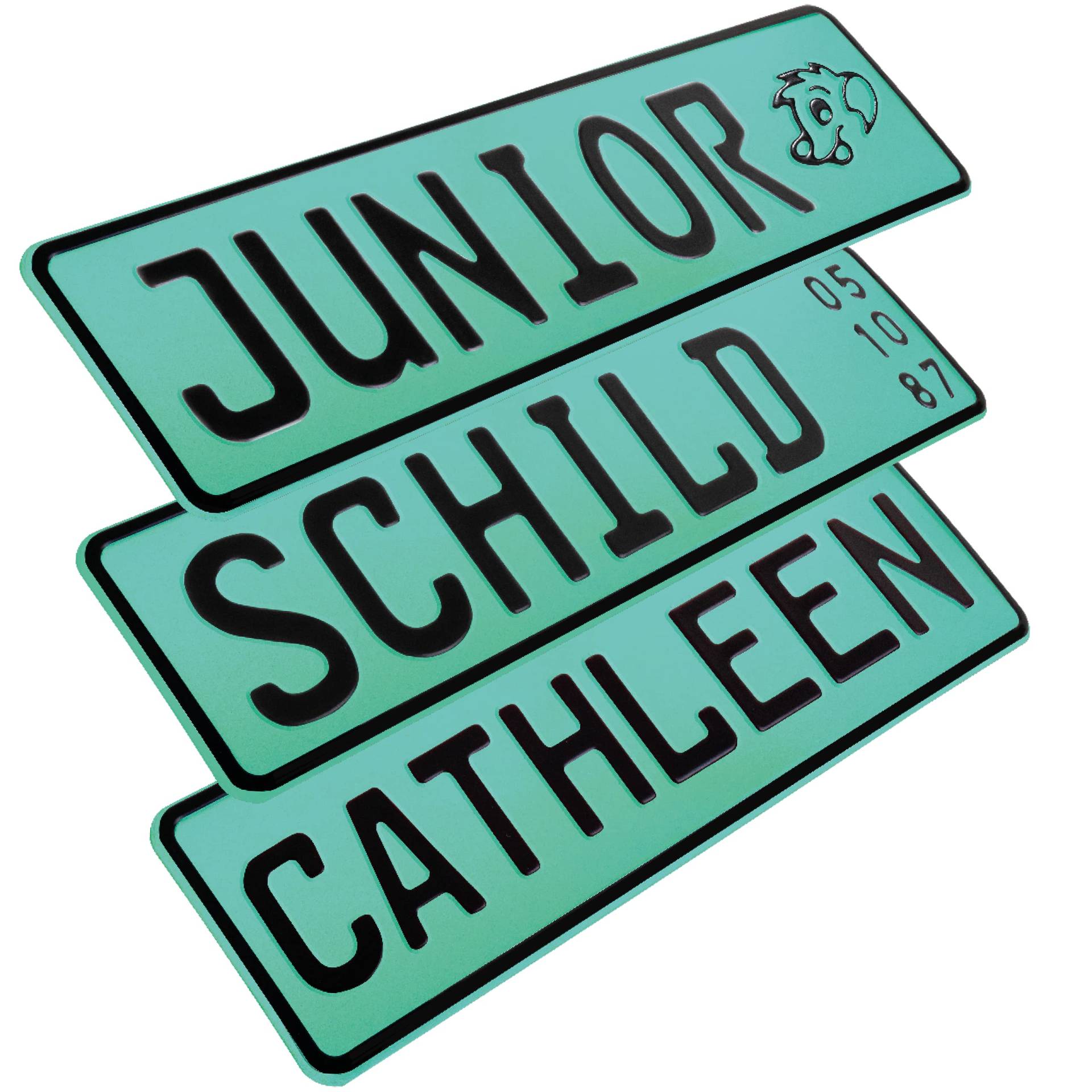 1 Stück Kennzeichen Junior-Schild 34cm x 9cm Bohrung Farbwahl Wunschtext Wunschprägung Muster Datum Namenskennzeichen Bohrung / Saugnäpfen Namensschild Bobbycar Kettcar FUN Schild in Türkis von L & P Car Design