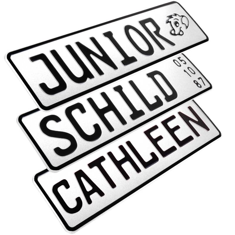 1 Stück Kennzeichen Junior-Schild 34cm x 9cm Bohrung Farbwahl Wunschtext Wunschprägung Muster Datum Namenskennzeichen Bohrung / Saugnäpfen Namensschild Bobbycar Kettcar FUN Schild in Weiß von L & P Car Design