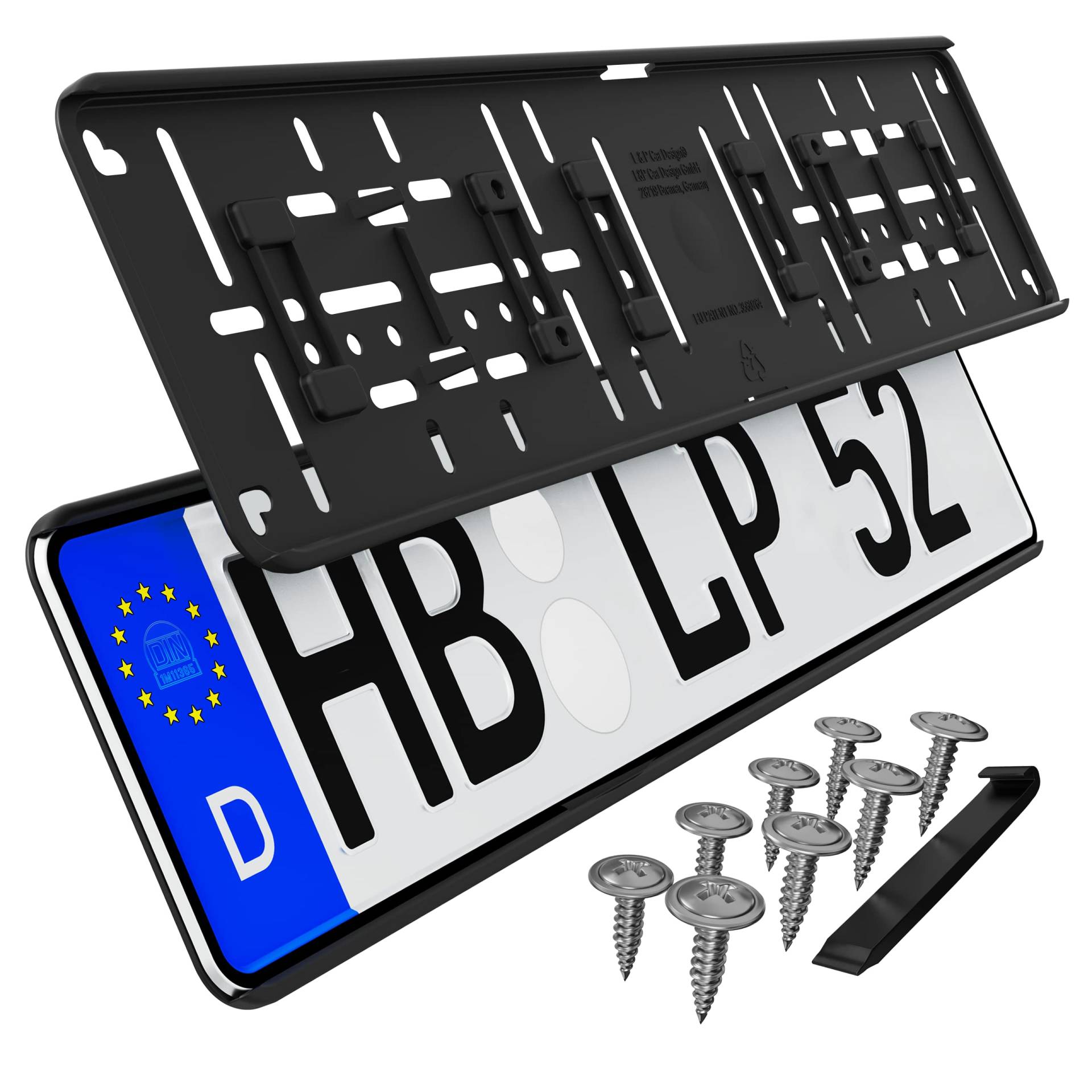 L & P Car Design Kennzeichenhalter Rahmenlos ohne sichtbare Befestigungpunkte Kfz-Kennzeichen Halter Halterung Schwarz 2 Stück, Kunststoff von L & P Car Design