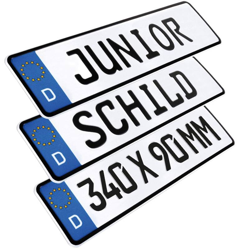 L & P Car Design 1 Stück Kennzeichen Junior-Schild 34cm x 9cm Farbwahl Bohrung Wunschtext Wunschkennzeichen Wunschprägung Namensschild Bobbycar Kettcar Fun Schild von L & P Car Design