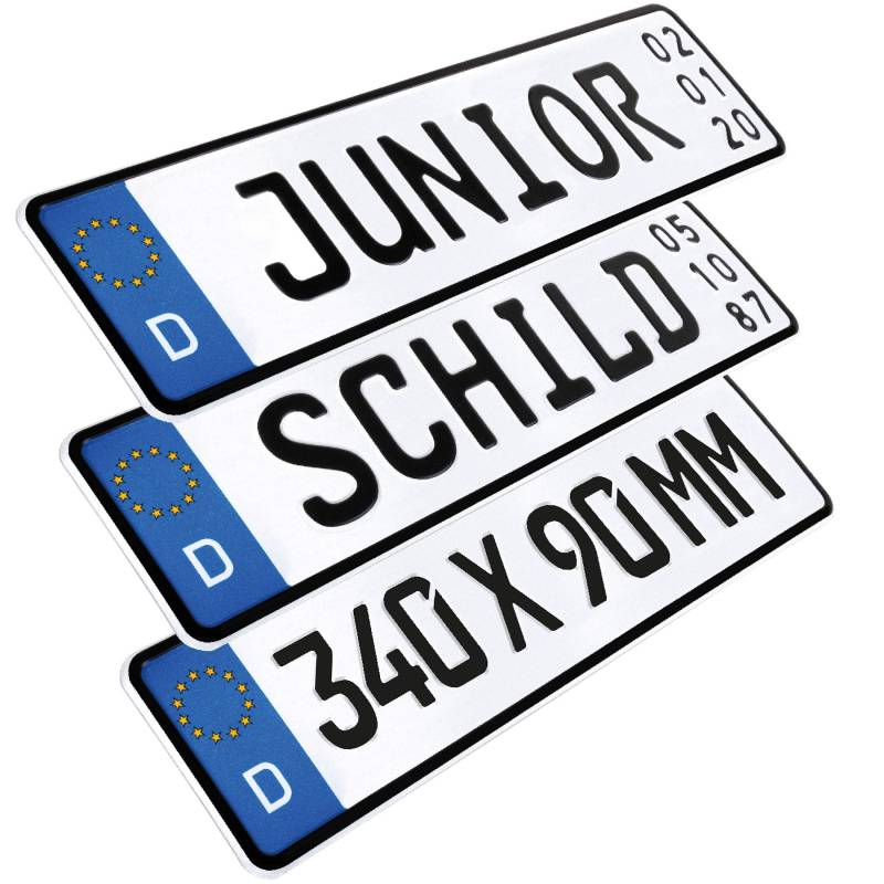 L & P Car Design 1 Stück Kennzeichen Junior-Schild 34cm x 9cm Geburtstags Schild Datum Wunschtext Wunschkennzeichen Wunschprägung Namenskennzeichen Namensschild Bobbycar Kettcar Fun Schild von L & P Car Design