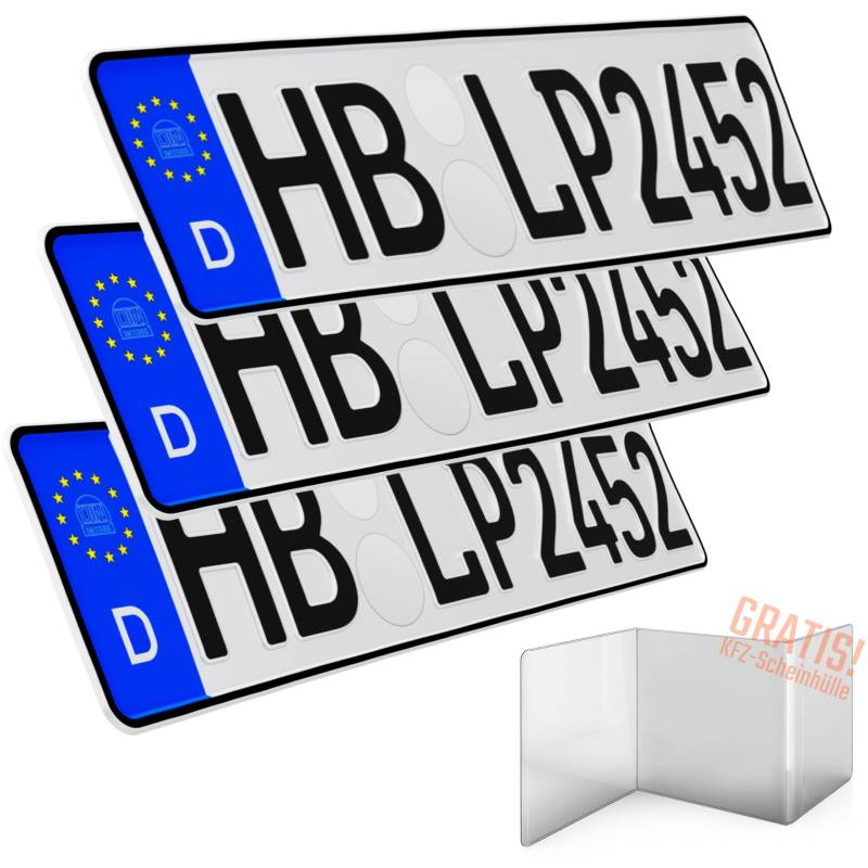 L & P Car Design Kennzeichen Auto KFZ 3 Stück 52cm x 11cm Nummernschild 520 x 110mm DIN Autokennzeichen Fahrradträger Anhänger LKW Wunschprägung amtliches Autoschild (3 Stück) von L & P Car Design