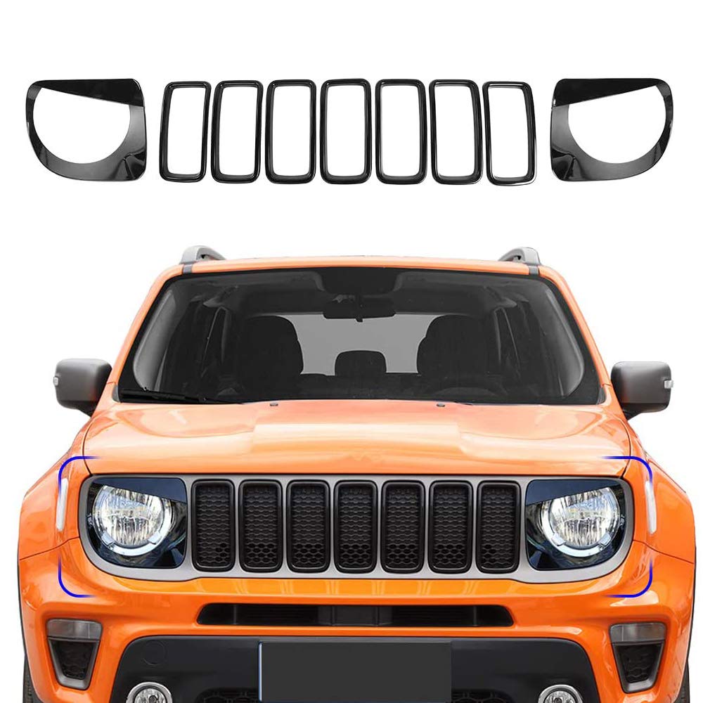 L&U Frontgrill Einsätze & vorderes Licht-Scheinwerfer-Abdeckung Angry Bird-Art-Bezels Trim-Abdeckung für Jeep Renegade 2019 2020,Schwarz von Homry