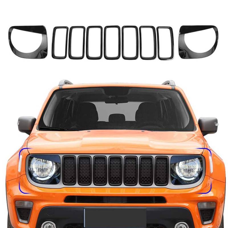 L&U Frontgrill Einsätze & vorderes Licht-Scheinwerfer-Abdeckung Angry Bird-Art-Bezels Trim-Abdeckung für Jeep Renegade 2019 2020,Schwarz von L&U