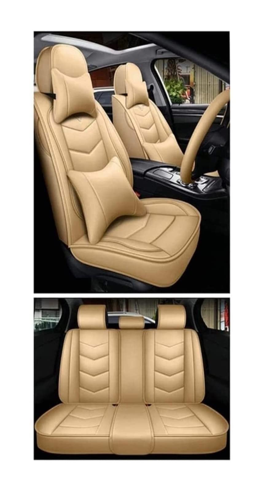 Autositzbezüge Für M&Itesubishi Zinger Auto Sitzbezug Sets Full Sets PU-Leder Vordere Rücksitzschützer Gepolsterte Kissen Atmungsaktive Rückenlehne Pad Wasserdichte Kopfstütze Sitzbezügesets(Beige,Lux von LADPZJNW