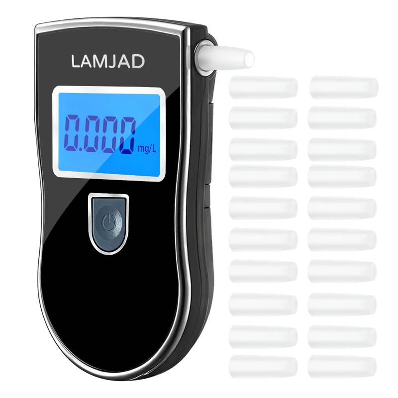 LAMJAD Alkoholtester, Professioneller Alkoholtester mit blauem Hintergrundbeleuchtung LCD-Bildschirm, Tragbarer Atemalkoholtester mit 20 Mundstücken für den persönlichen und professionellen Gebrauch von LAMJAD