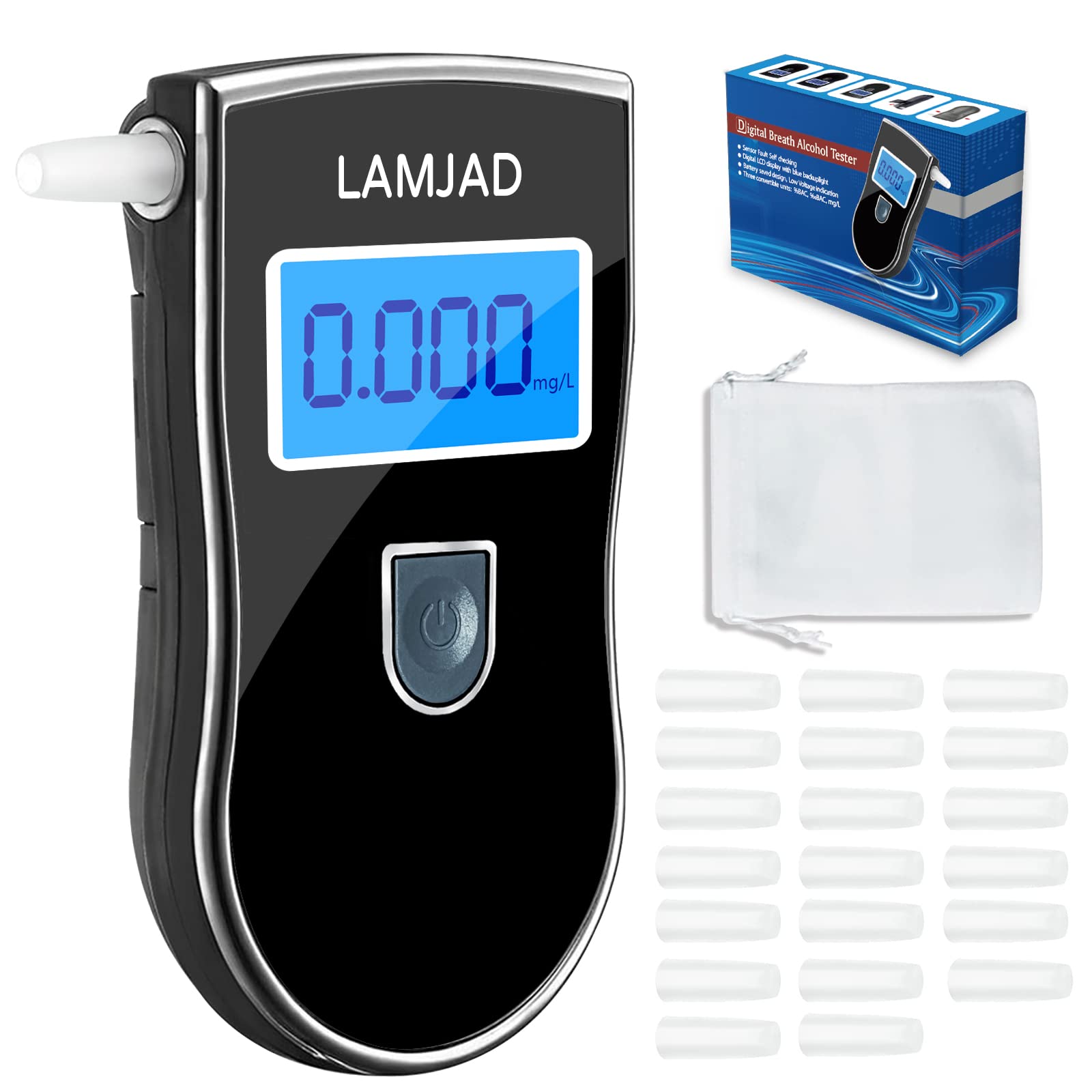 LAMJAD Alkoholtester,Alkoholmessgerät mit 20 Mundstücken und Blauem Hintergrundbeleuchtung LCD-Bildschirm,Promilletester für Den Persönlichen und Professionellen Gebrauch von LAMJAD