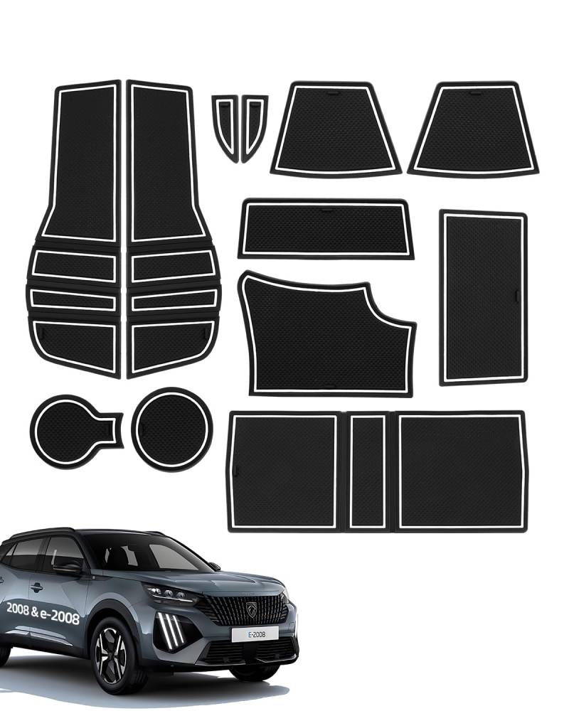 LANGBEAN Antirutschmatten für Peugeo-t 2008 e-2008 2020-2024, 12 Stück Gummimatten für Mittelkonsole, Ablagefach, Becherhalter, integrierter Türschlitz, Armlehnenkasten, Schwarz & Weiß von LANGBEAN