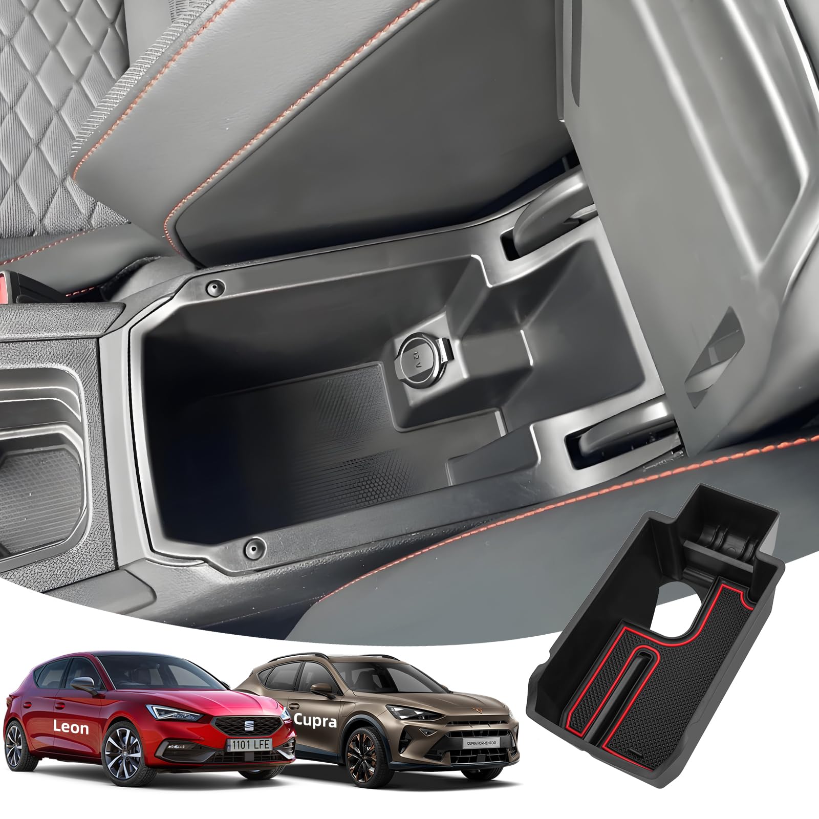 LANGBEAN Armlehne Aufbewahrungsbox für Seat Leon 2024 2023 2022 2021 2020, Mittelkonsole Organizer mit Antirutschmatten für Cupra Formentor, Armlehne Organizer Zubehör, Rot von LANGBEAN