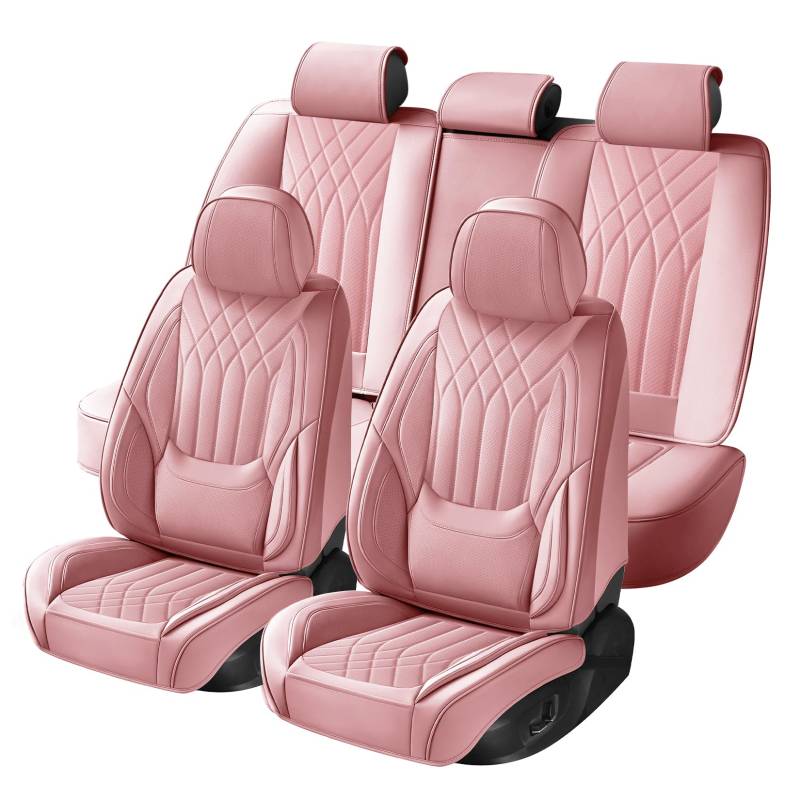 LANGSHI Auto Sitzbezüge Vorne und Hinten 5 Stück, Wasserdichtes Leder Auto Schonbezüge Komplettset, Universelle Passform für die meisten Autos SUV Pick-up Truck (Pink) von LANGSHI