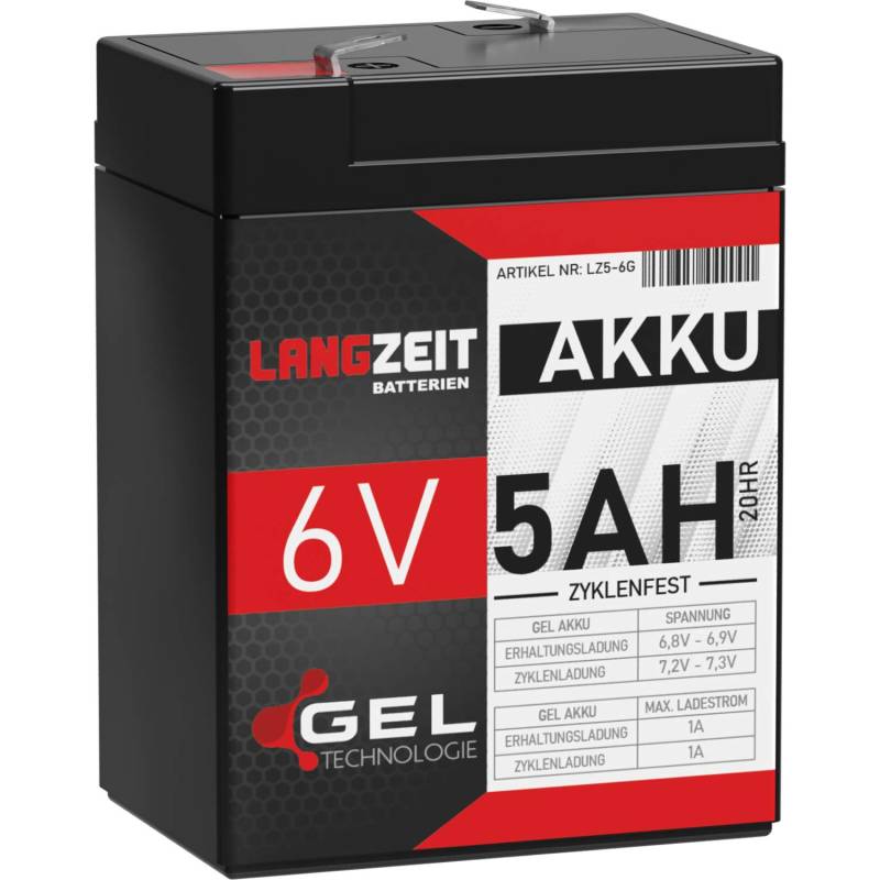 LANGZEIT 6V Akku 5Ah GEL Profi Blei Akku für Kinderauto Elektroauto USV UPS extrem zyklenfest vorgeladen auslaufsicher ersetzt 4Ah 4,5Ah von LANGZEIT Batterien