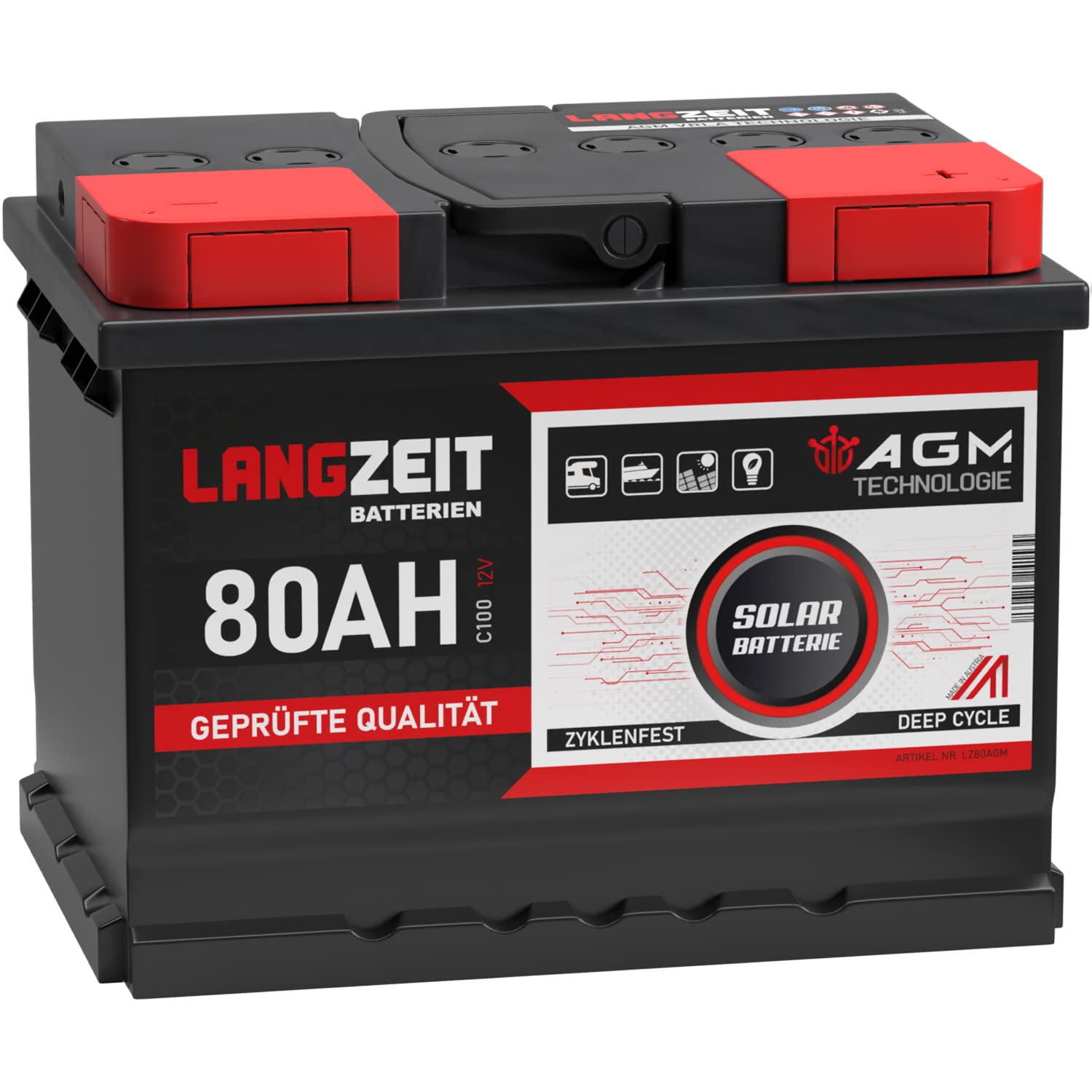 LANGZEIT AGM Batterie 80Ah 12V Solarbatterie Wohnmobil Batterie Bootsbatterie Mover Deep Cycle AGM zyklenfest wartungsfrei ersetzt 70Ah 75Ah von LANGZEIT Batterien