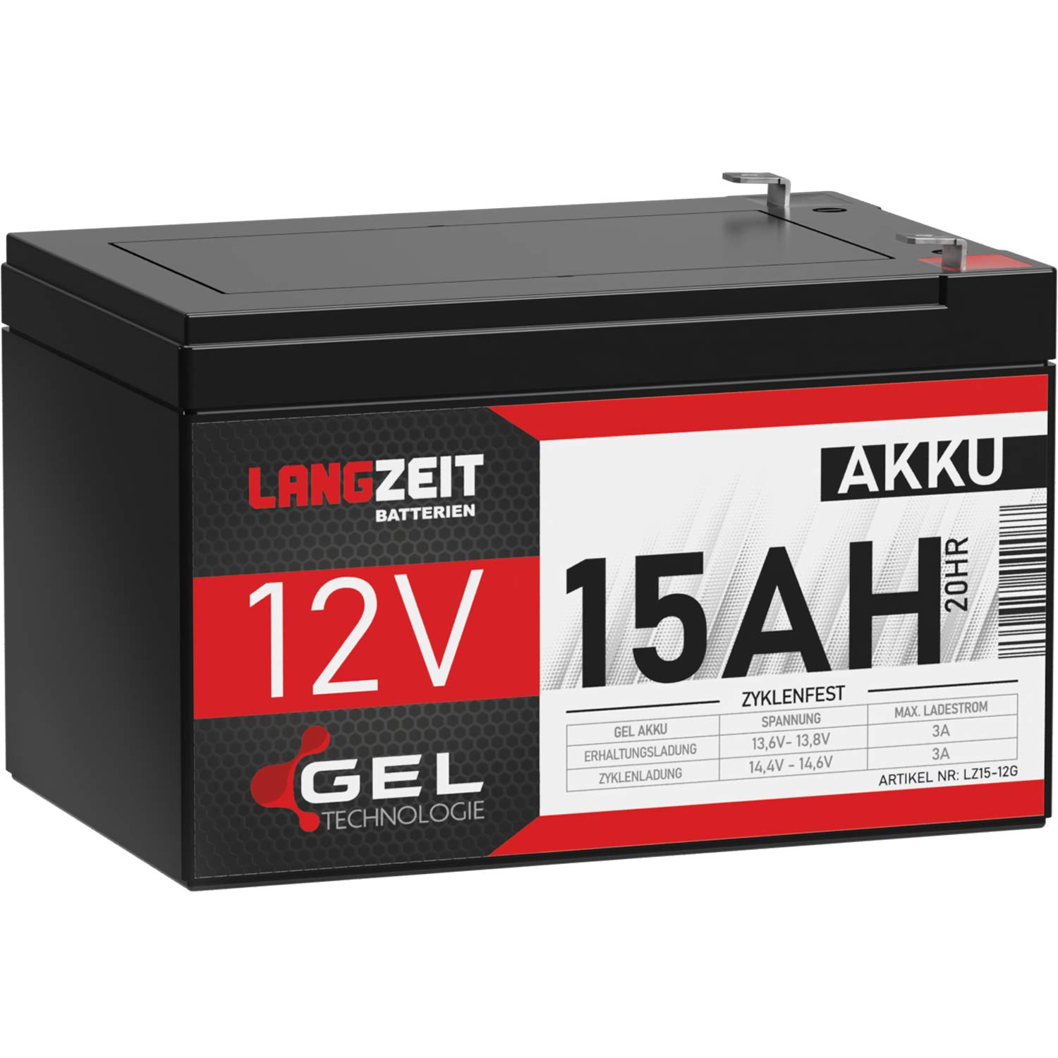 LANGZEIT Akku 12V 15Ah Gel Blei-Akku Profi Hochleistungsakku extrem zyklenfest vorgeladen auslaufsicher ersetzt 10Ah 12Ah 14Ah von LANGZEIT Batterien